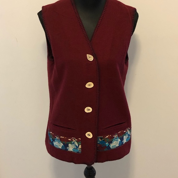 Southwestern Style Ladies Wool Vest Burgundy - Picture 1 of 8